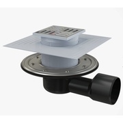 Сливной трап для ванны AlcaPlast 105x105/50/75, подводка боковая, решетка и фланец нерж. сталь, гидрозатвор сухой и мокрый