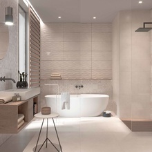 Creto Dover 25x75, для ванной, керамика, стиль: современный, цвет: бежевый, Россия, под бетон , матовая - фото интерьера 1 - фото 2