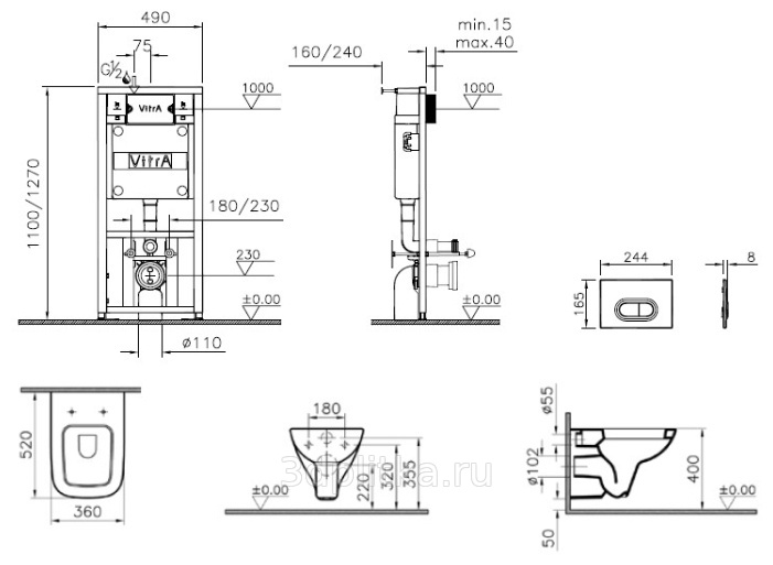 Схема установки подвесного унитаза с инсталляцией Vitra S20 9004B003-7204 унитаз подвесной с инсталляцией и кнопкой
