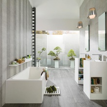 Porcelanosa Dover 31,6x90, для ванной, керамогранит, стиль: современный, цвет: серый, Испания, под бетон , матовая - фото интерьера 1 - фото 3