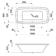 Laufen Palomba 2.3280.1.000.000.1 180x90 см  встраиваемая с каркасом, борт 4 см Акриловая ванна 180x90x45,5 см, Швейцария - фото 1 - фото 2
