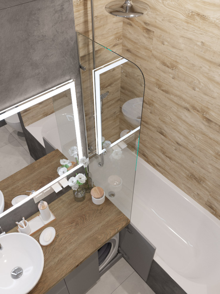 Дизайн интерьера: ванная комната с плиткой под дерево в мокрой зоне