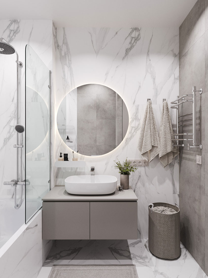 Дизайн интерьера: ванная комната 4,4 м кв - белый мрамор и серый бетон