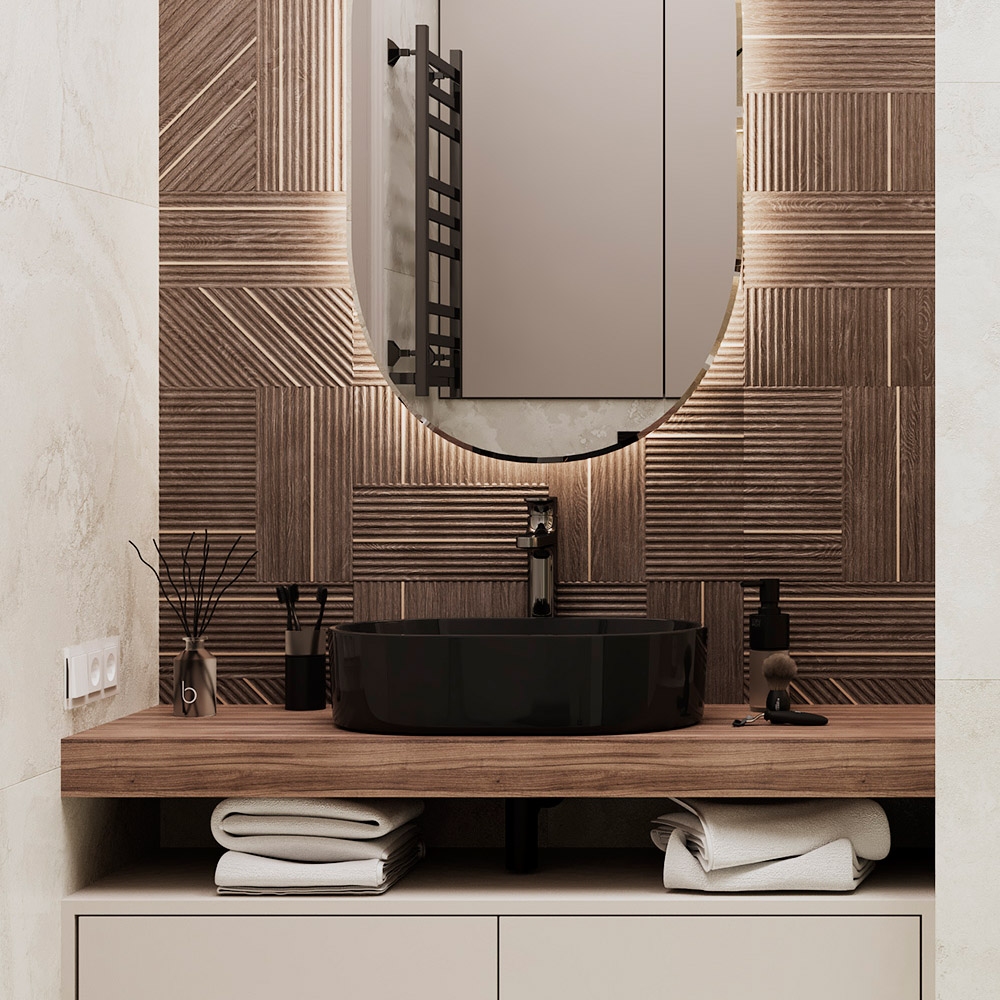 черная круглая накладная раковина, большое овальное зеркало у раковины