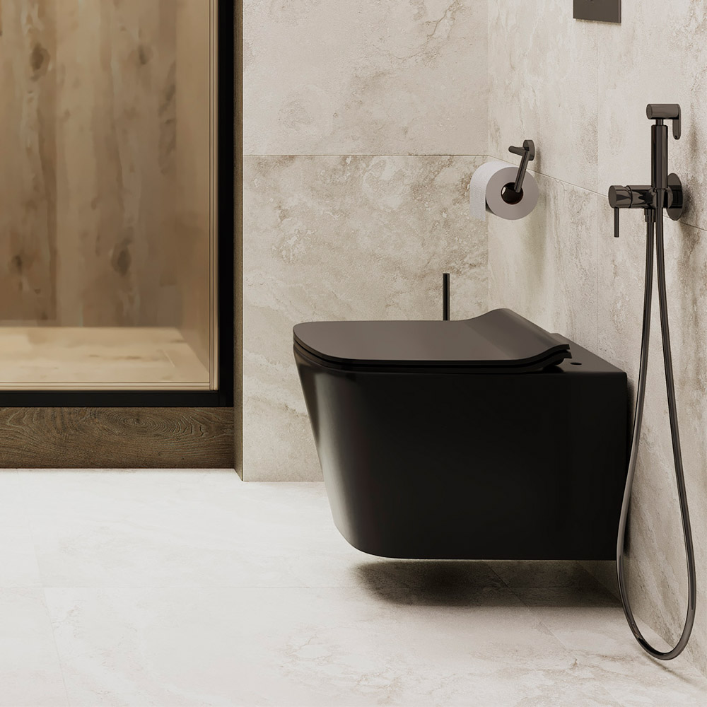 интерьер душевой, черный подвесной унитаз