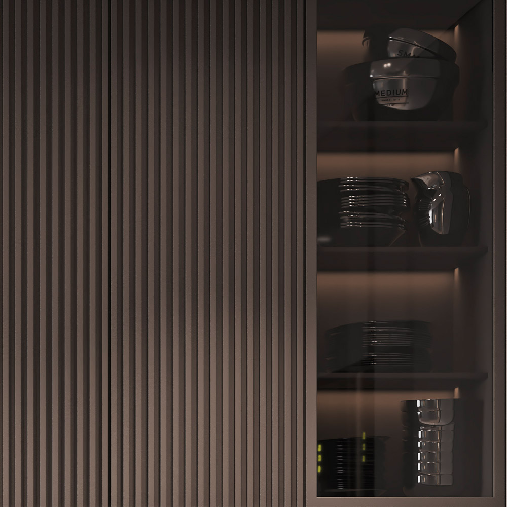 интерьер кухни, кухонный гарнитур, внутренняя полка с стеклом