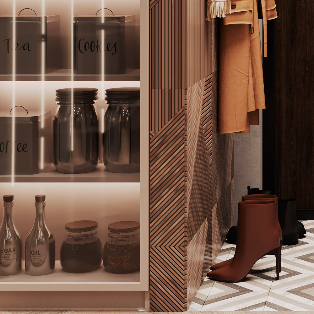 интерьер прихожей, внутренние полки с подсветкой