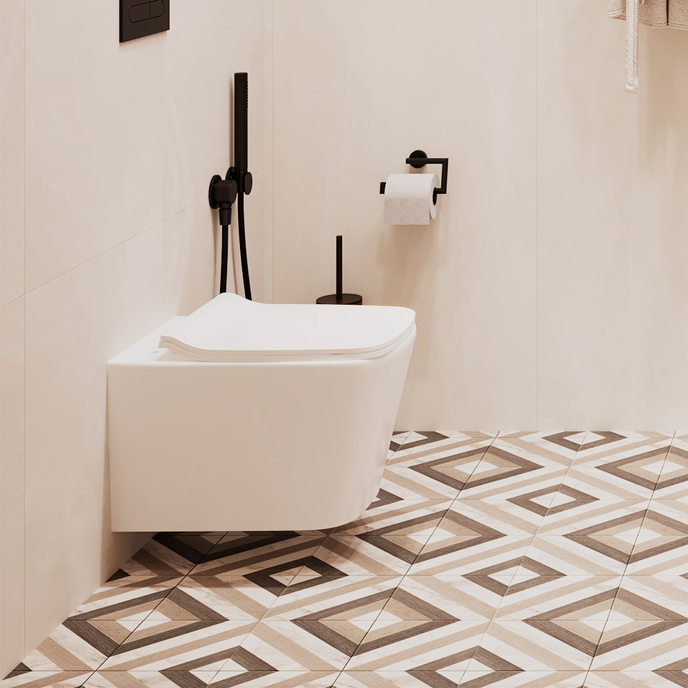 подвесной белый унитаз, керамогранит в ромб