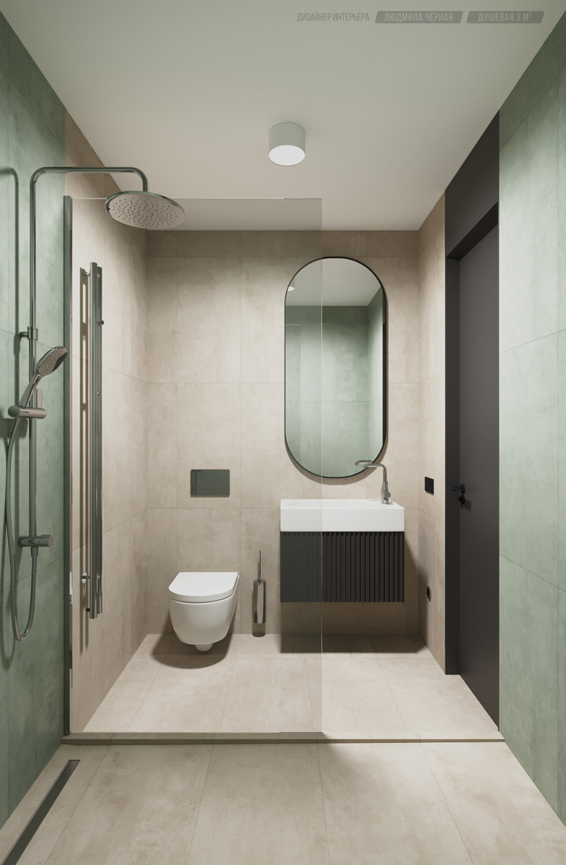 Современный интерьер душевой в сочетании трех цветов