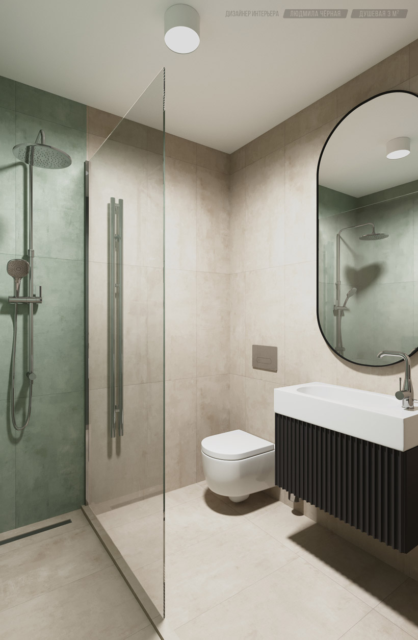 Интерьер душевой комнаты в бежевой плитке