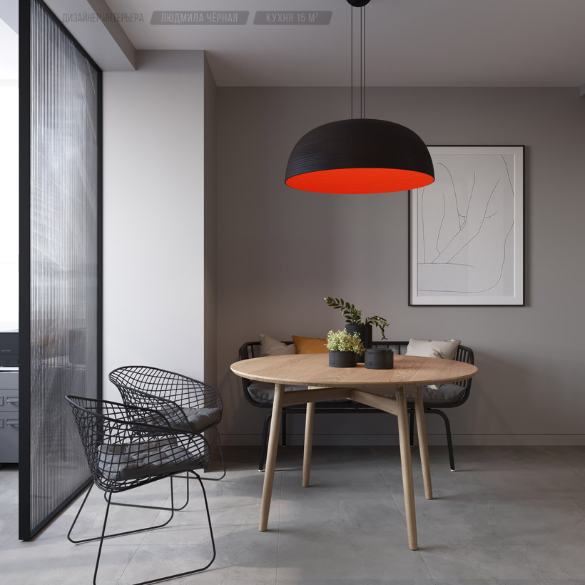 Интерьер кухни, большой потолочный светильник с красным плафоном