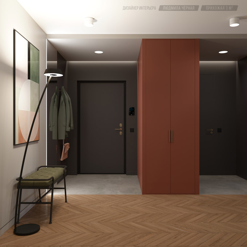 Интерьер темной прихожей со светлым полом из керамогранита