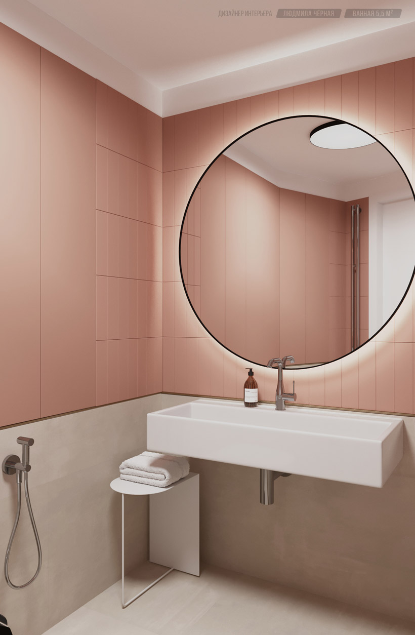 Интерьер ванной, большое круглое зеркало