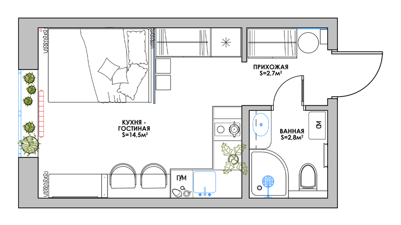 Дизайн квартиры-студии 20 метров квадратных