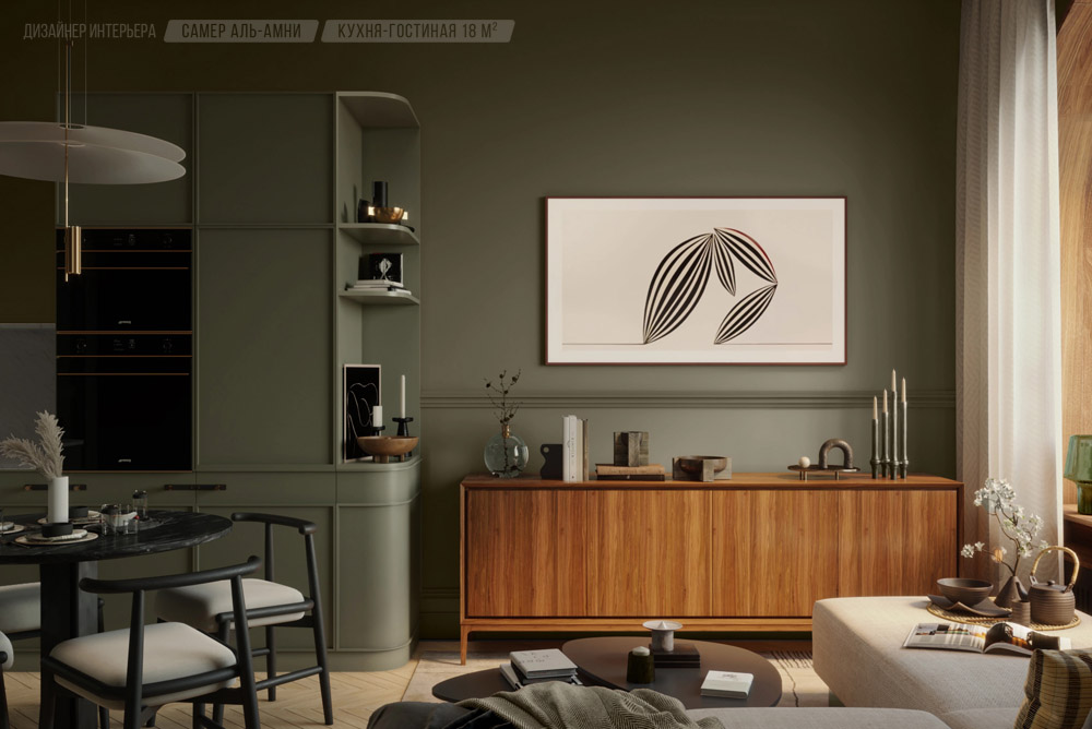 кухня-гостиная, классический стиль интерьера, темные стены