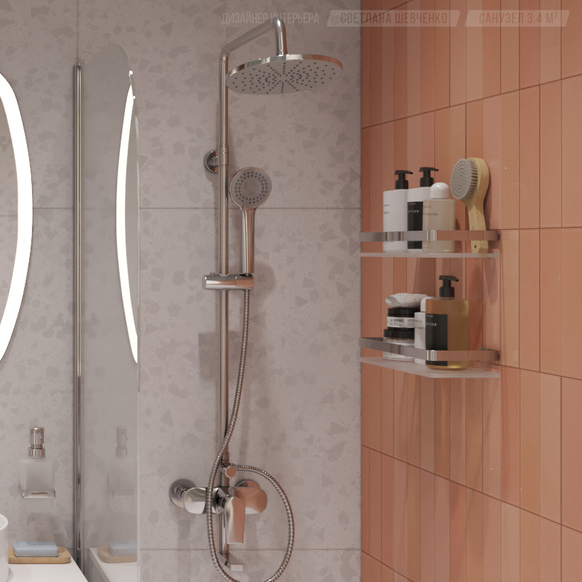 интерьер санузла, розовая настенная керамическая плитка в душевой