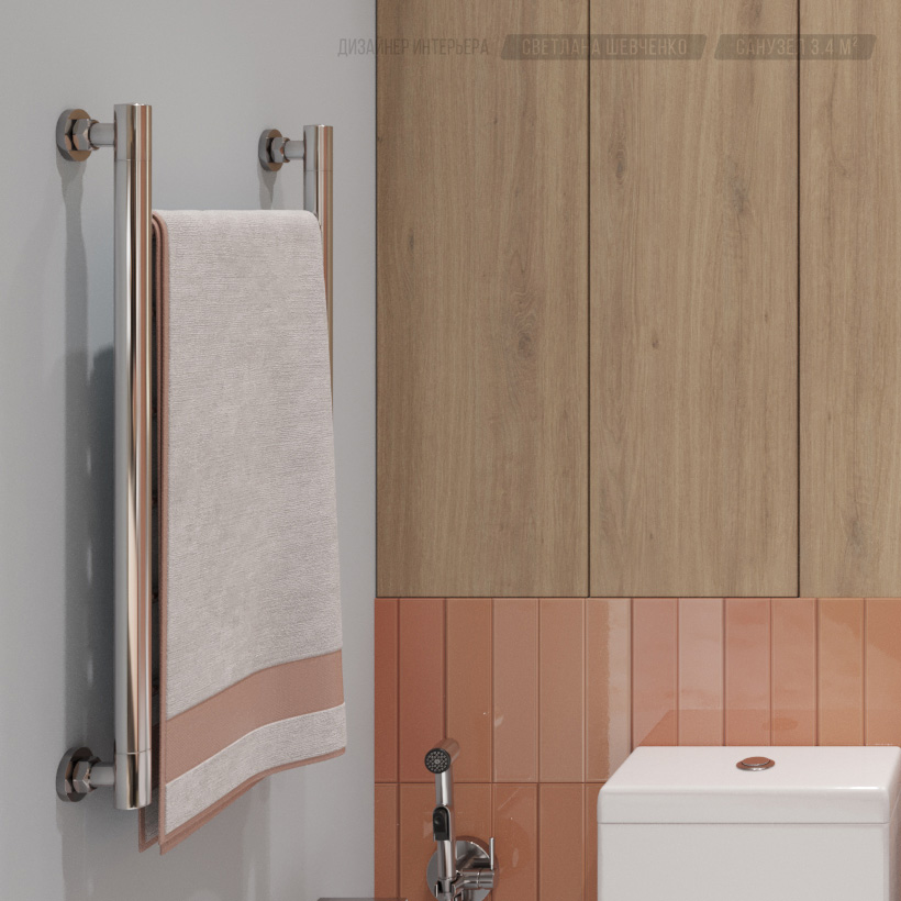 интерьер санузла, настенный вертикальный полотенцесушитель