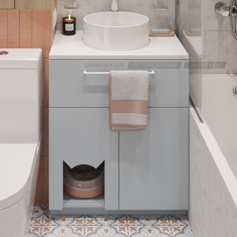 интерьер санузла, уборная для кота в тумбе ванной комнаты