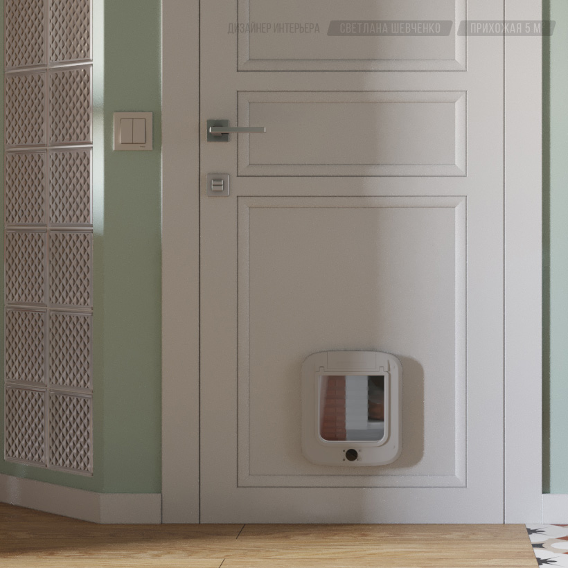 интерьер прихожей, дверь в ванную с входом для кота