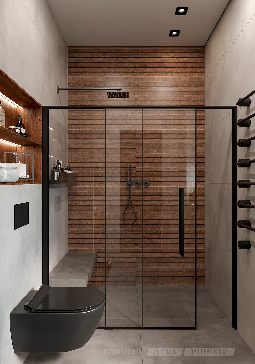 Интерьер душевой, керамогранит под дерево