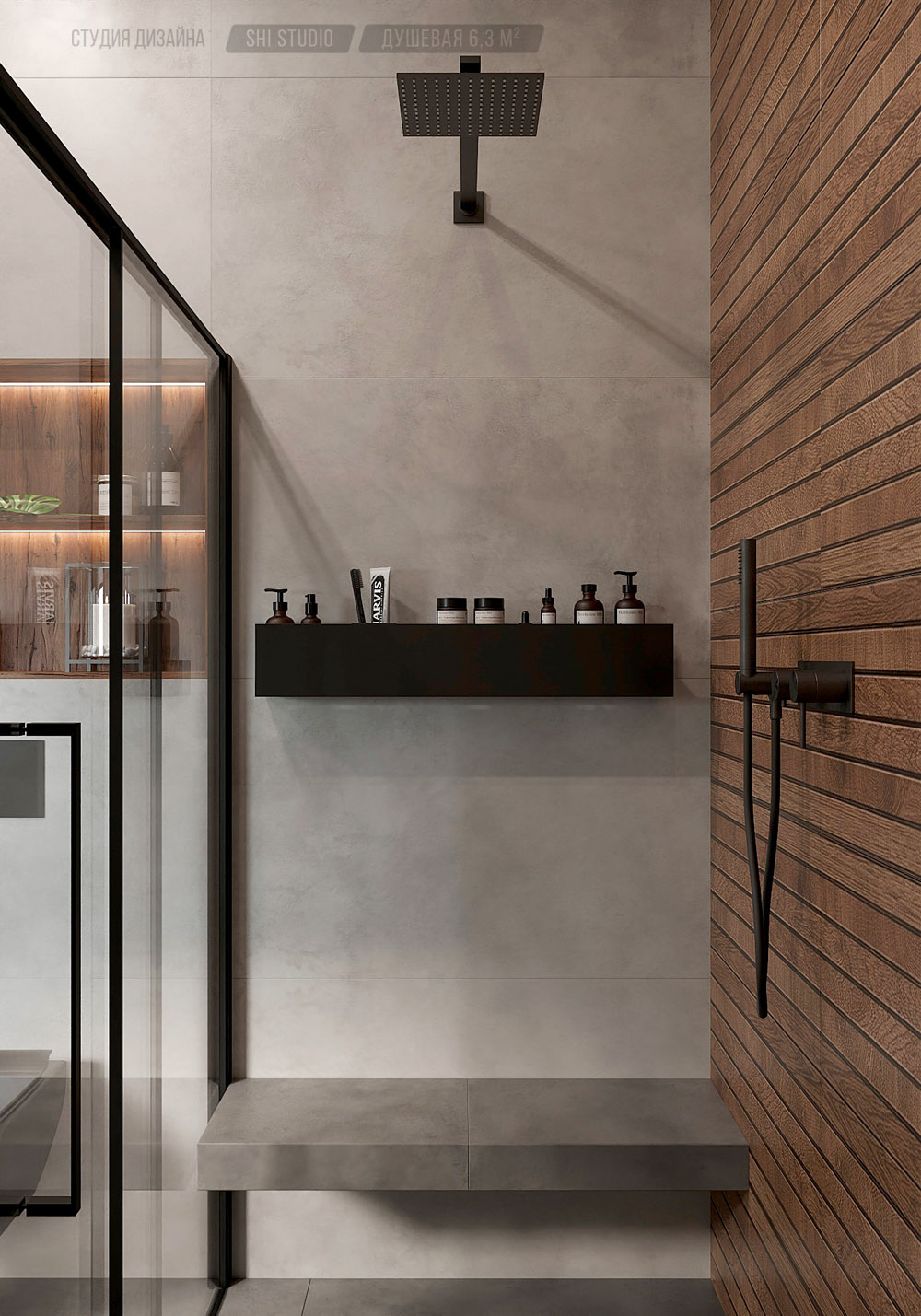 Интерьер душевой комнаты, керамогранит под дерево