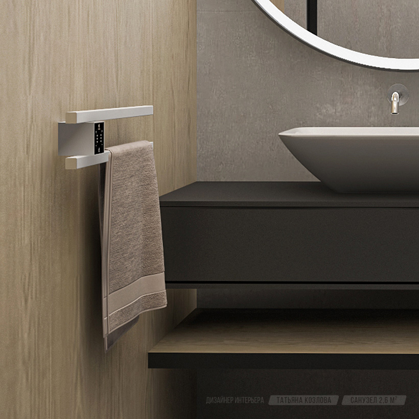 Интерьер санузла, небольшой настенный полотенцесушитель электрический