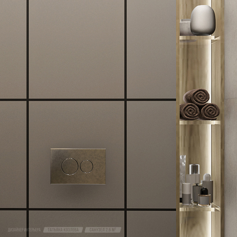 Интерьер санузла, встроенные полки с подсветкой в стене для инсталляции унитаза