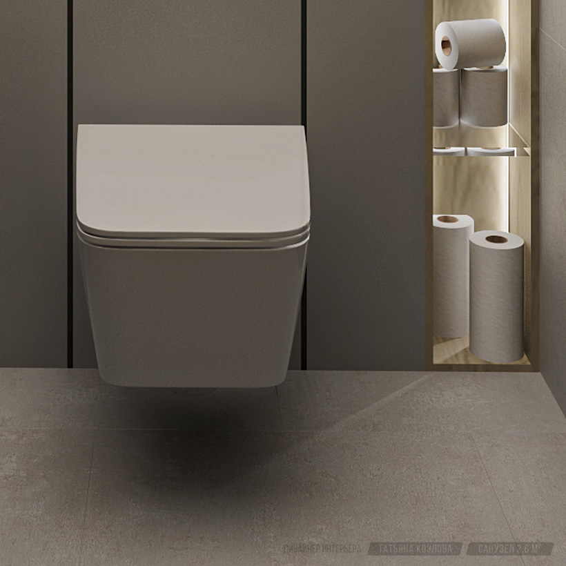 Интерьер санузла, навесной унитаз, встроенные полки с подсветкой