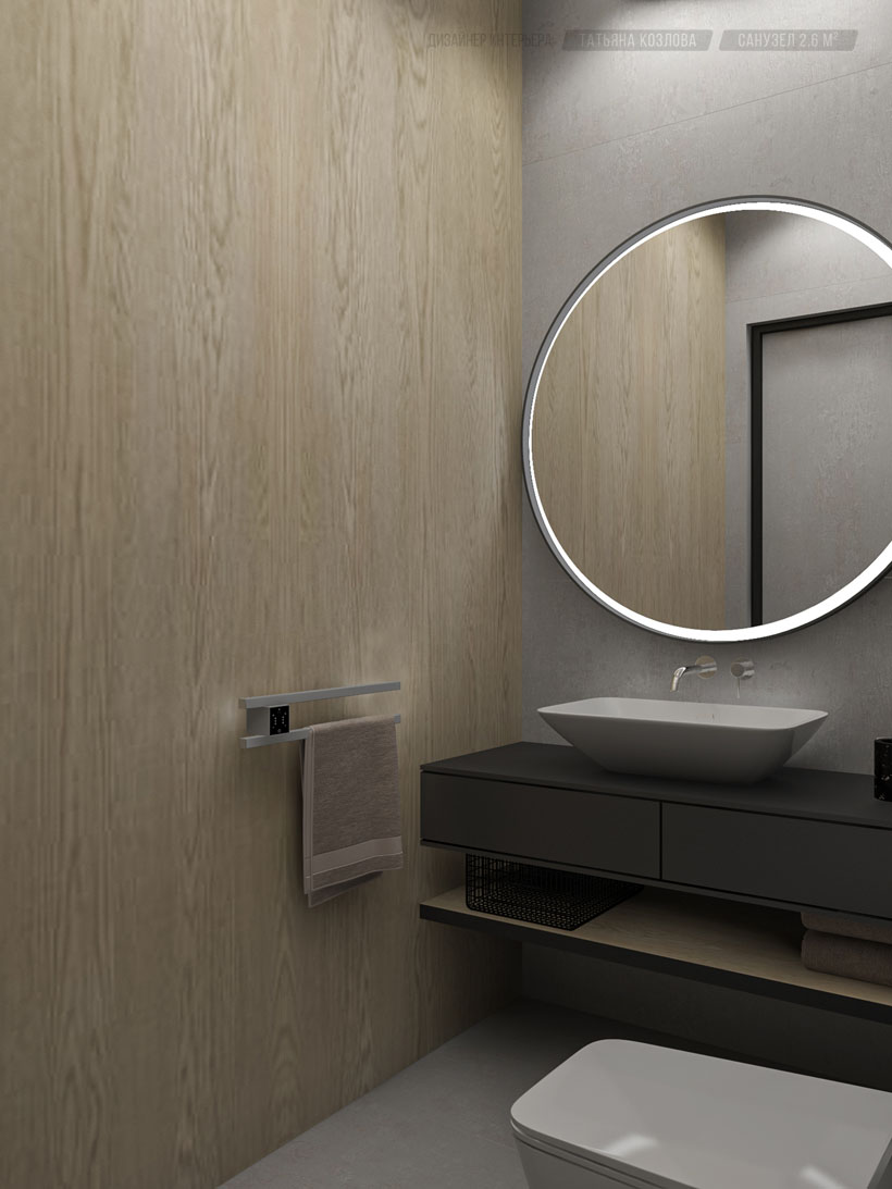 Интерьер санузла, стена с отделкой в шпоне дерева